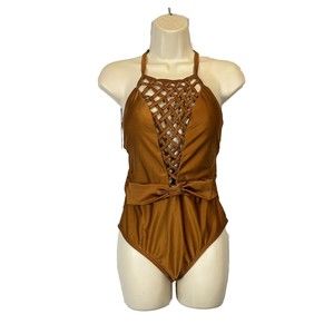 Venus Bronze Crisscross Cutout Faux Belted w/Buckle One Piece Sz 8